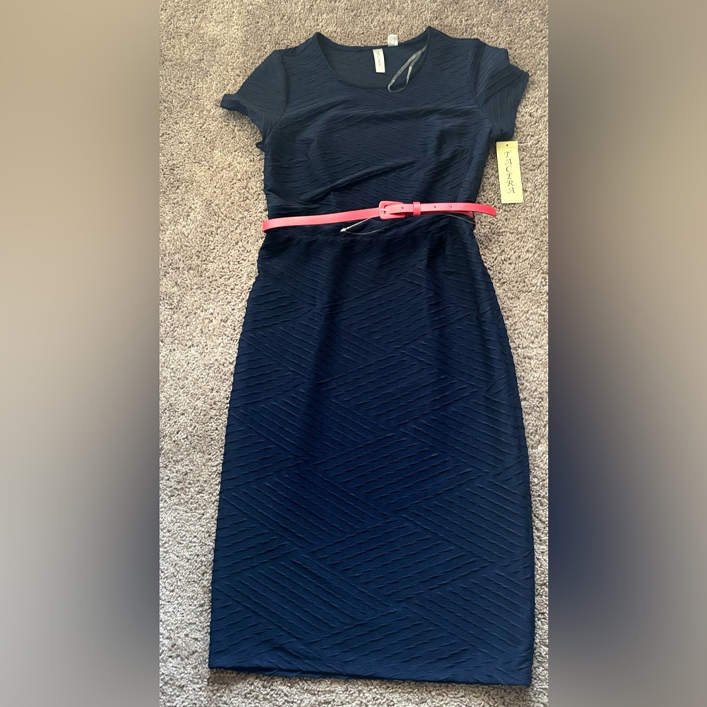Elegant Blue Dress with Red Belt